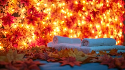 Pumpkins in bed linen and towels in the hotel spa and wellness salon, Thanksgiving special offer for hotel services