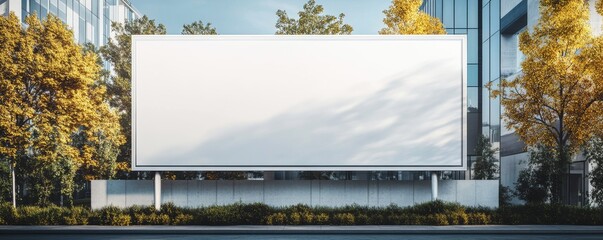 A blank billboard stands amidst greenery and modern architecture, awaiting advertising content in a bright outdoor setting.
