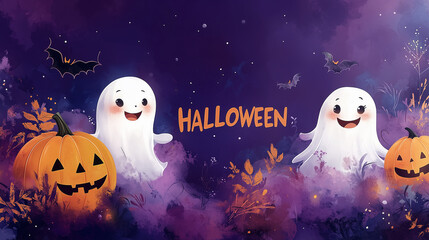 Obraz premium cartoon-style banner text Halloween, for children, kindergarten school, with playful pumpkins and friendly ghosts