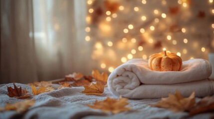 Pumpkins in bed linen and towels in the hotel spa and wellness salon, Thanksgiving special offer for hotel services