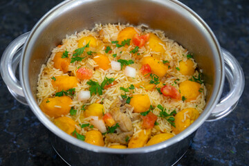Traditional Brazilian dish rice, chicken and pequi (caryocar brasileinse) known as galinhada goiana