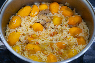 Traditional Brazilian dish rice, chicken and pequi (caryocar brasileinse) known as galinhada goiana