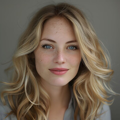 Fototapeta premium A young woman with soft gray-blonde hair and freckled skin, smiling gently at the camera in a cozy, natural-light setting