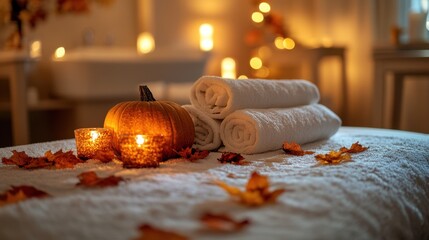 Pumpkins in bed linen and towels in the hotel spa and wellness salon, Thanksgiving special offer for hotel services