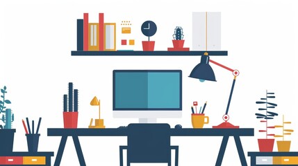 Modern Business Workspace with Computer and Office Supplies on White Background - Ideal for Professional and Corporate Use