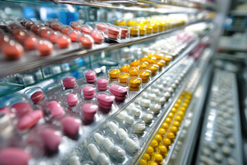 Many colored pills lined up in rows on shelves in a pharmacy.