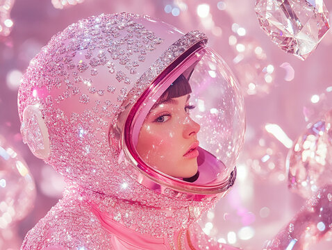 woman in pink cosmonaut suit scafander covered with sparkling diamonds floating on sparkling planet Saturn in space 