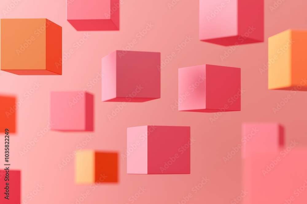 Poster abstract arrangement of colorful cubes floating against a soft pink backdrop, creating a modern and 