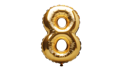 A shiny gold foil number 8 (eight) balloon floats in a neutral space isolated on white 