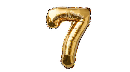 A shiny gold foil number 7 (seven) balloon floats in a neutral space isolated on white 