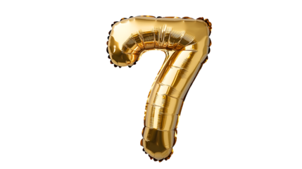 A shiny gold foil number 7 (seven) balloon floats in a neutral space isolated on white 