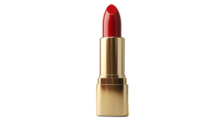 Red lipstick with golden case , front view, on transparent background