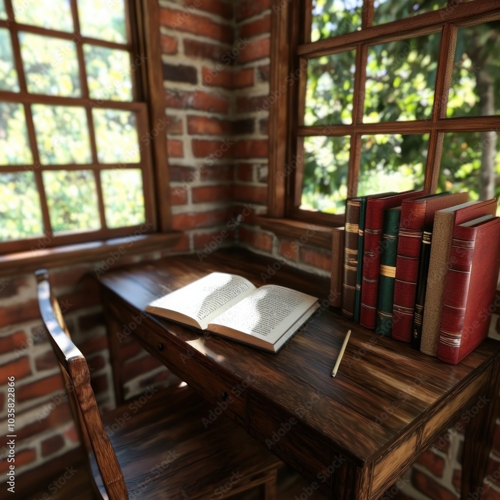 Poster cozy reading nook with open book and bookshelves by the window in a rustic setting