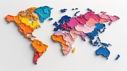 Vibrant world map made from colorful textures representing continents and cultures for educational and creative purposes © VISA-3UK