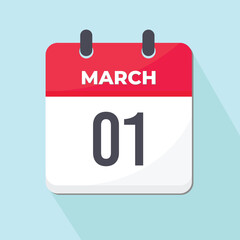 01 March Daily Calendar Icon 3d style red and white with light blue background