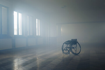 Obraz premium Empty dancing wheelchair at a para dance studio. Disability and sport concept.