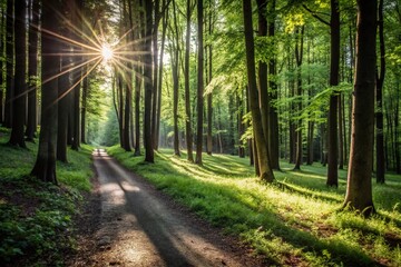 Obraz premium Spring Forest Pathway: Sunlit Walk Through Nature's Awakening