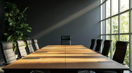 Fototapeta premium Modern conference room with wooden table and empty chairs, natural light streaming in.