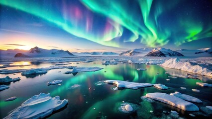 Naklejka premium Aerial arctic landscape with floating icebergs and northern lights