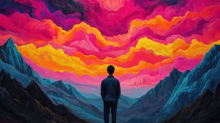 Obraz premium A solitary figure contemplates the vibrant sunset over majestic mountains in a dreamlike landscape scene