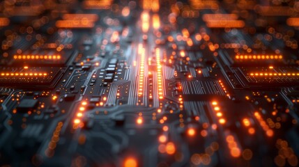 Obraz premium Futuristic Background with Glowing Circuit Board and Neon Lights Representing Advanced Technology and Innovation