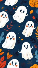 Playful cartoon ghosts on a dark blue background with autumn leaves.