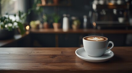 Obraz premium A cozy coffee cup on a wooden table in a warm cafe setting.