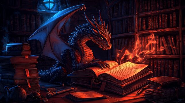 A dragon reading an ancient book in a mystical library setting.