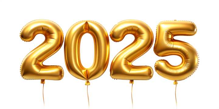Happy New 2025 Year. Realistic 3d golden helium balloon numbers.AI GENERATED