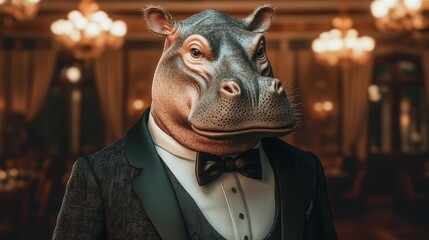 A dapper hippo in formal attire a unique blend of sophistication and whimsy in an elegant setting