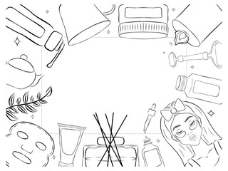 Vector frame with skin care products. Hand drawn line illustration. Vintage style
