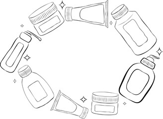 Cosmetic jars, bottles in oval frame . Hand drawn line illustration with graphic in black and white ink. Round template vector wreath
