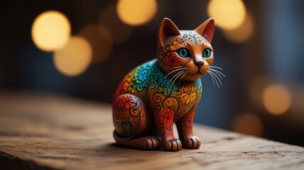 A colorful cat figurine sits on a wooden surface with a warm, bokeh background.