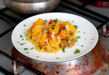 Traditional Brazilian dish rice, chicken and pequi (caryocar brasileinse) known as galinhada goiana