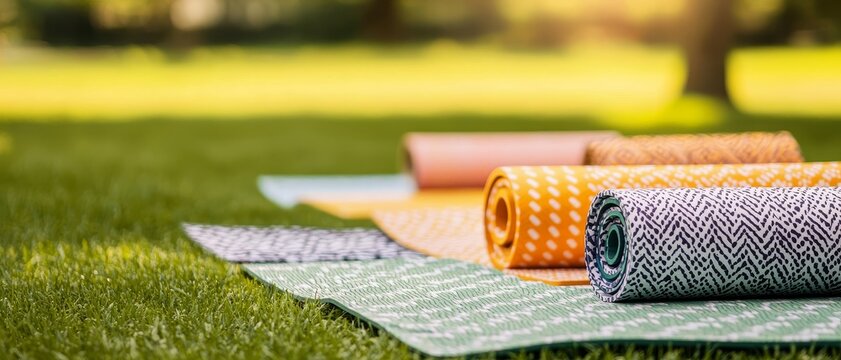 Colorful yoga mats rolled on green grass, inviting outdoor exercise and relaxation.