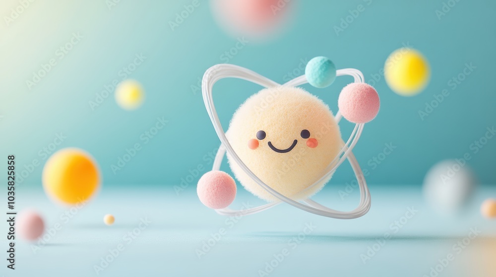 Poster a playful and colorful representation of the atom structure, with each component depicted as a frien