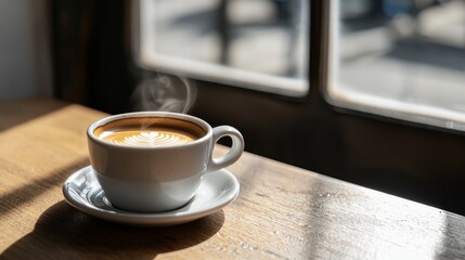 Fototapeta premium Cup of steaming coffee on a wooden table by a sunlit window.