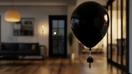 House keys hanging under a black balloon, Black Friday special offer for buying a house and apartment