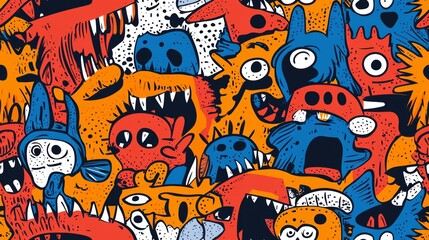 Colorful Seamless Monster Doodles Pattern with Whimsical and Playful Cartoon Creatures in Vibrant Colors