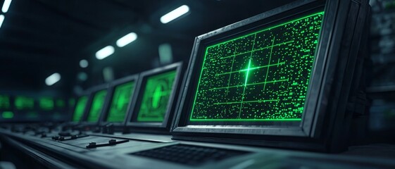 Obraz premium Futuristic control panel with green data screens in a technology setting.