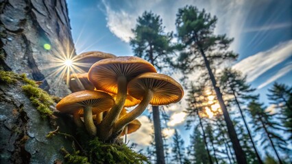 Stunning Aerial View of Handpainted Watercolor Poster Featuring Honey Fungus in a Vibrant Natural Setting