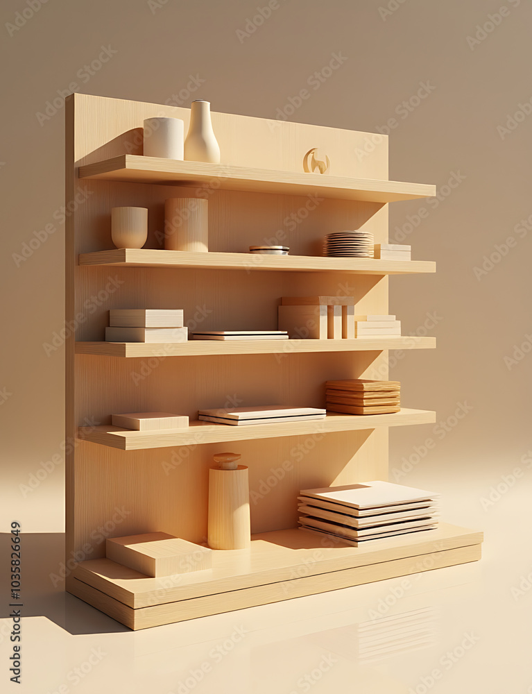 Poster 3D rendering helps create a realistic product display stand for businesses showcasing their wooden goods in a modern and visually appealing way.