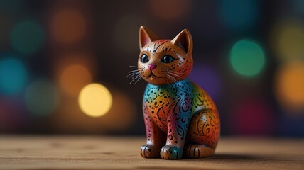 A colorful ceramic cat figurine sits on a wooden table with a bokeh background.