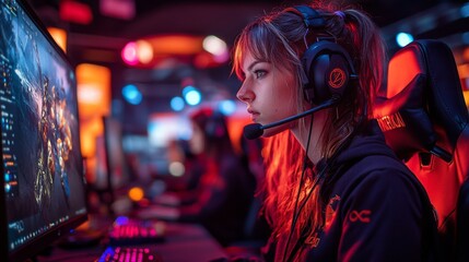 A dedicated female gamer, wearing a headset, concentrates on her gameplay in a lively esports arena filled with colorful lights and fellow participants.