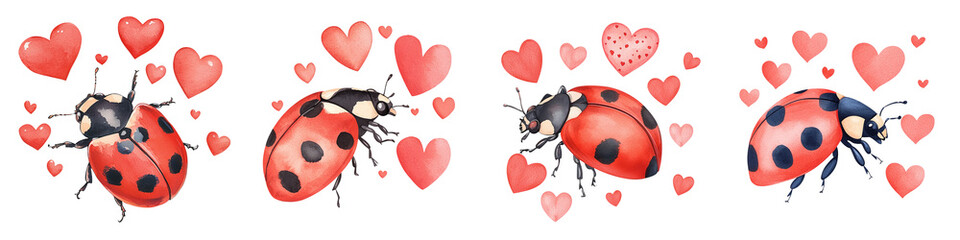Fototapeta premium A playful arrangement of ladybugs surrounded by colorful hearts, evoking themes of love and affection. watercolor, clipart, isolated on transparent background