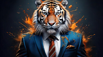 A whimsical illustration of a businessman with a tiger head, blending professionalism with playful creativity. This unique concept captures the essence of modern business in a lighthearted.