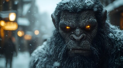 Fierce Creature in Snowy Urban Environment