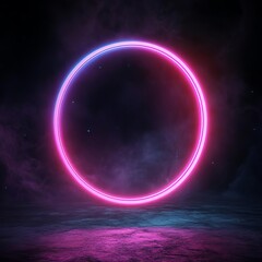 Floating time ring, bright neon, dark sci-fi backdrop, cosmic glow