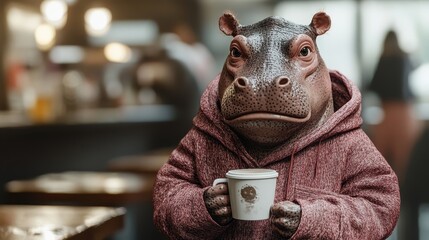 A hippo enjoys a morning coffee a unique blend of animal charm and relaxation in a cozy caf&eacute; setting