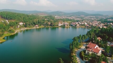 Aerial View of a Tranquil Lake Surrounded by Lush Green Forest